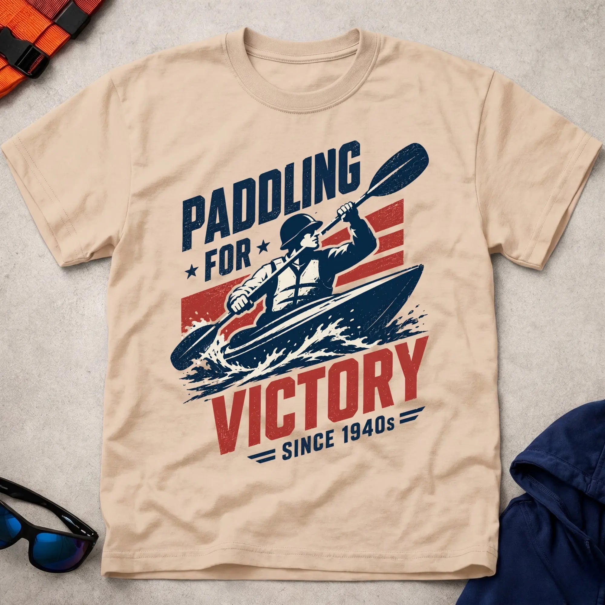 Paddling For Victory WW2-era kayak action tee | Vector Paddle
