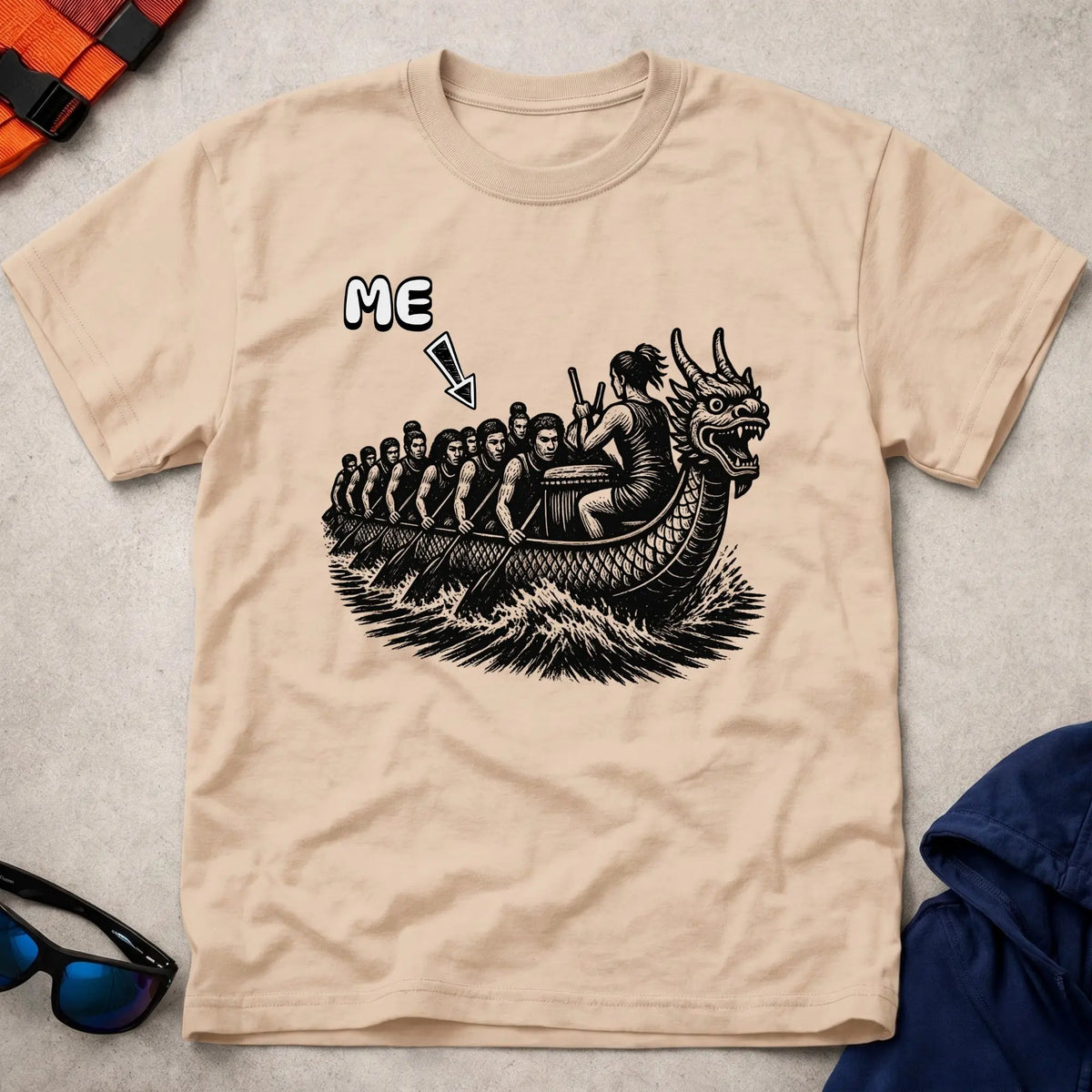 That's Me Engine Room tee in Natural — woodcut dragon boat with 'ME' arrow on a mid-boat paddler — Vector Paddle