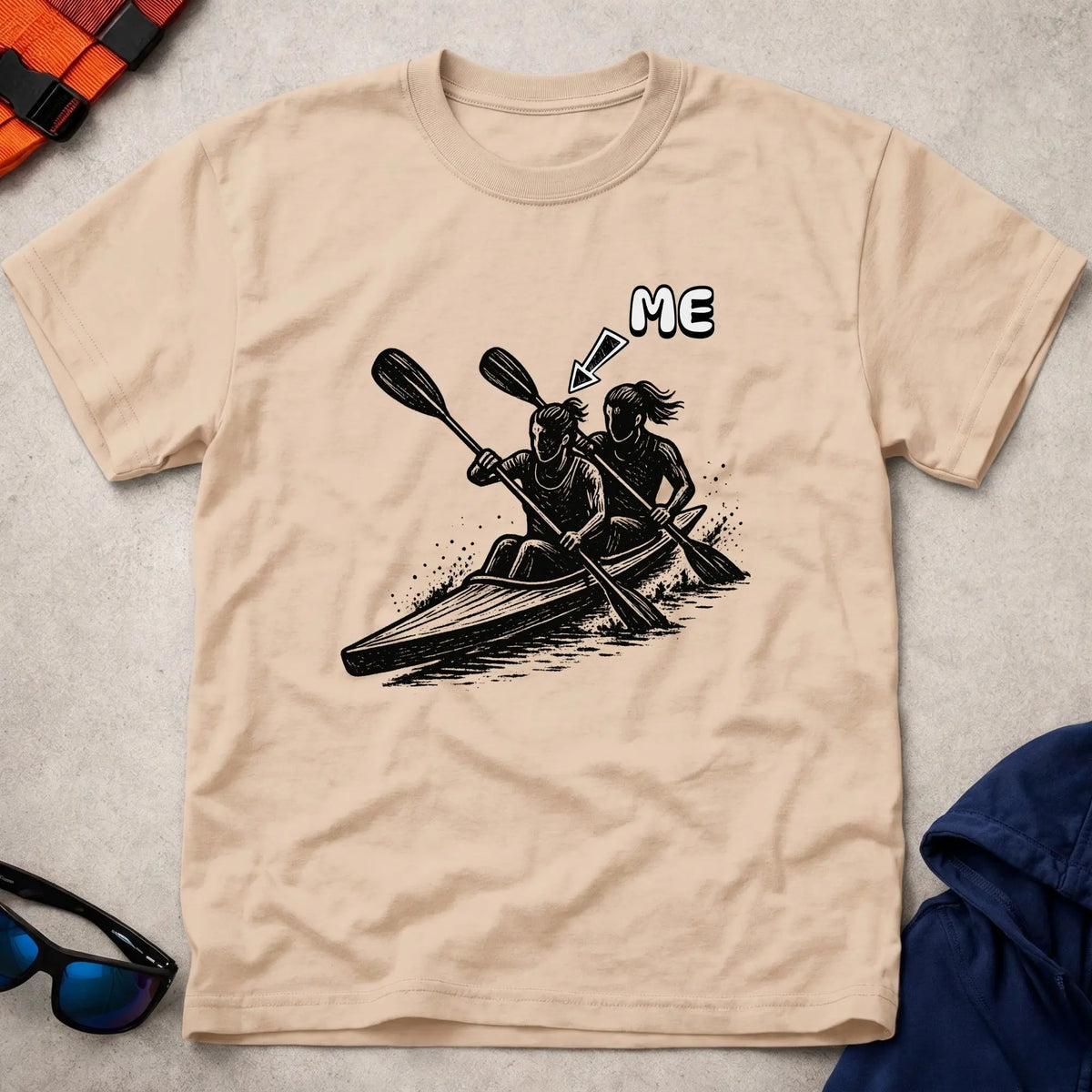 That's Me K2 Bow tee in Natural — woodcut K2 kayak with 'ME' arrow on the bow paddler — Vector Paddle