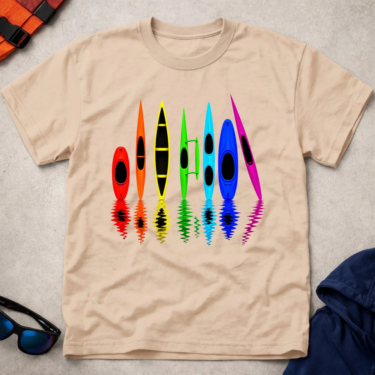 All The Boats tee in Natural — colourful kayak and canoe fleet design — Vector Paddle