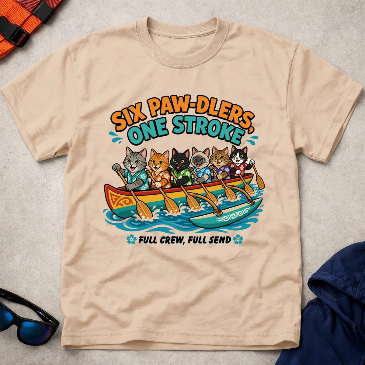 Natural Six Paw-dlers, One Stroke tee — OC6 outrigger crew gift — Vector Paddle