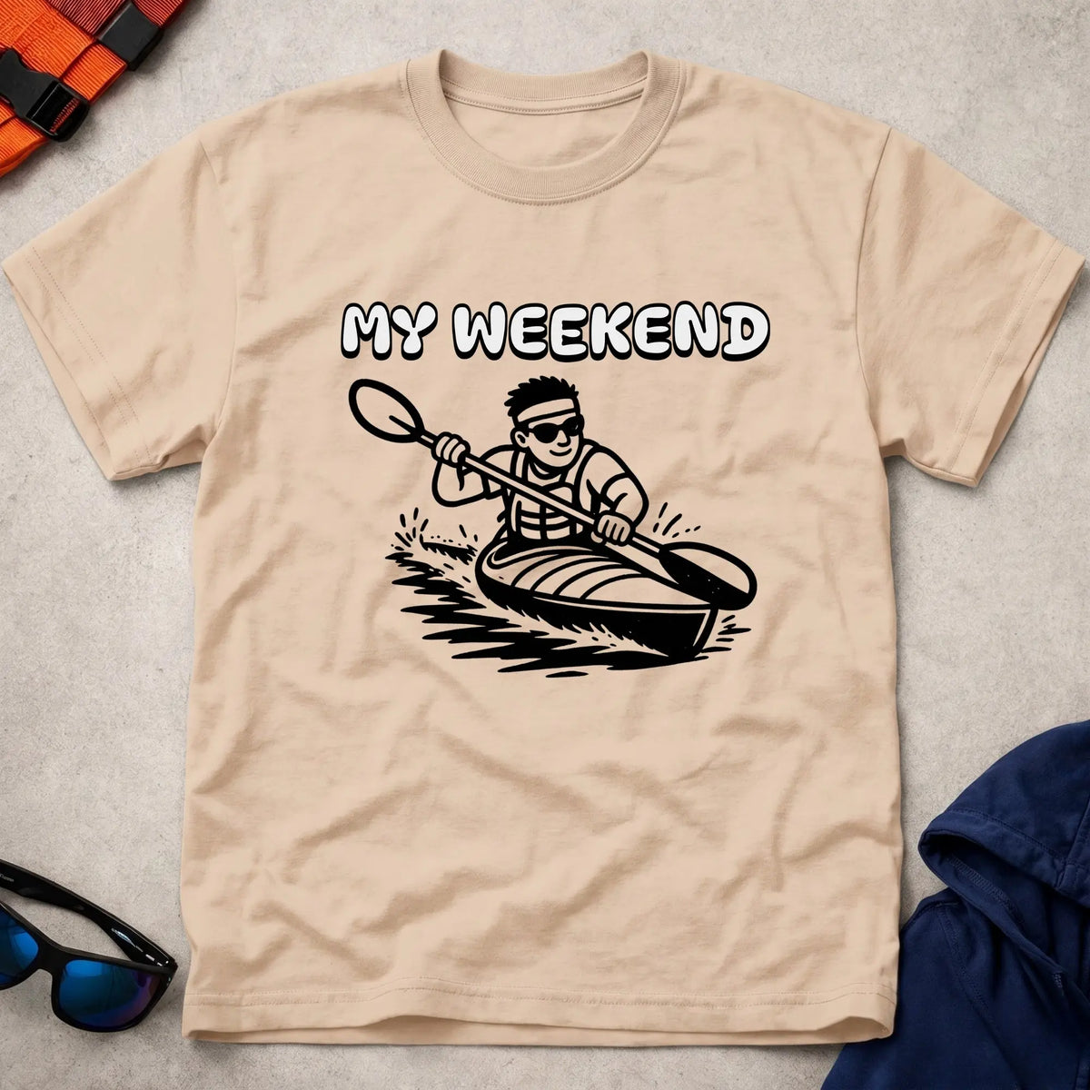 My Weekend K1 tee in Natural — cartoon kayaker with 'My Weekend' lettering — Vector Paddle