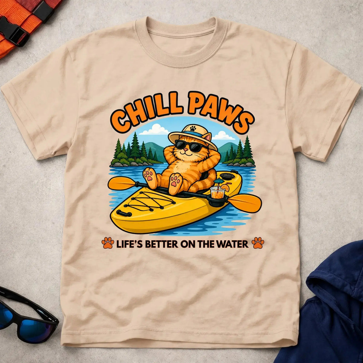 Natural Chill Paws tee — calm-under-pressure paddling gift — Vector Paddle