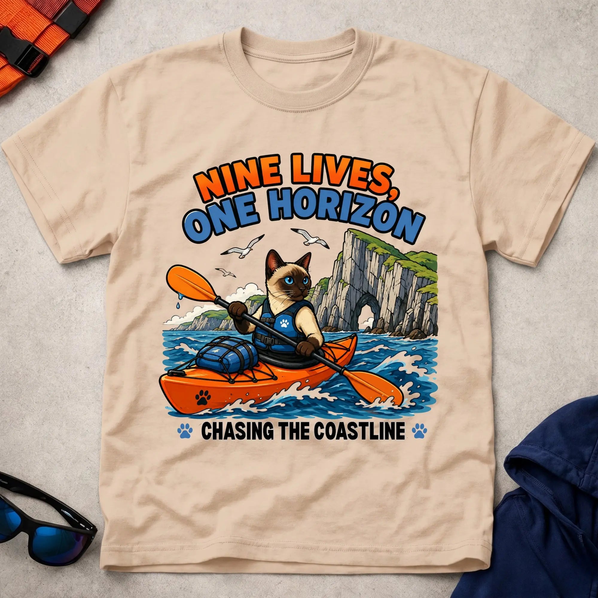 Natural Nine Lives, One Horizon tee — long-distance paddling gift — Vector Paddle
