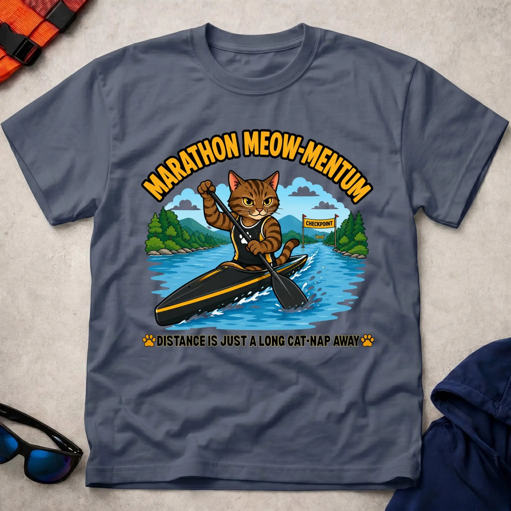 Navy Marathon Meow-mentum tee — marathon paddling cat-lover gift — Vector Paddle