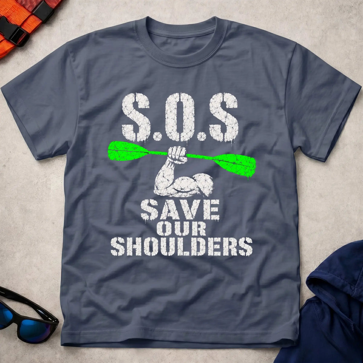 Navy Save Our Shoulders tee — marathon paddler gift — Vector Paddle