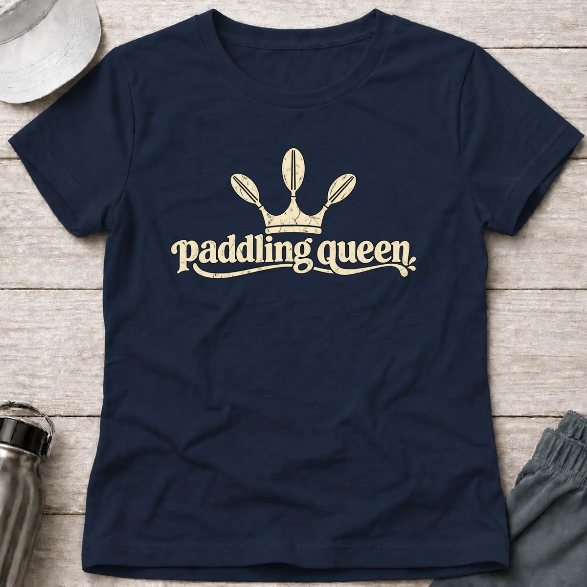 Navy Paddling Queen fitted tee — confident female paddler gift — Vector Paddle