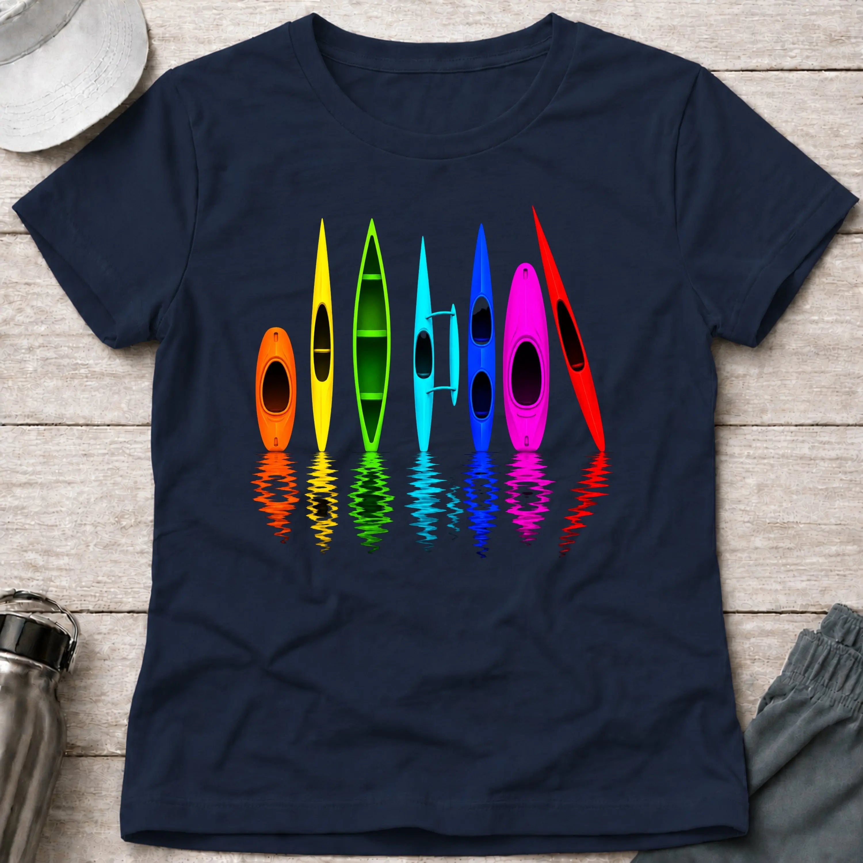 All The Boats women's fitted tee in Navy — multi-hull paddlesport graphic — Vector Paddle