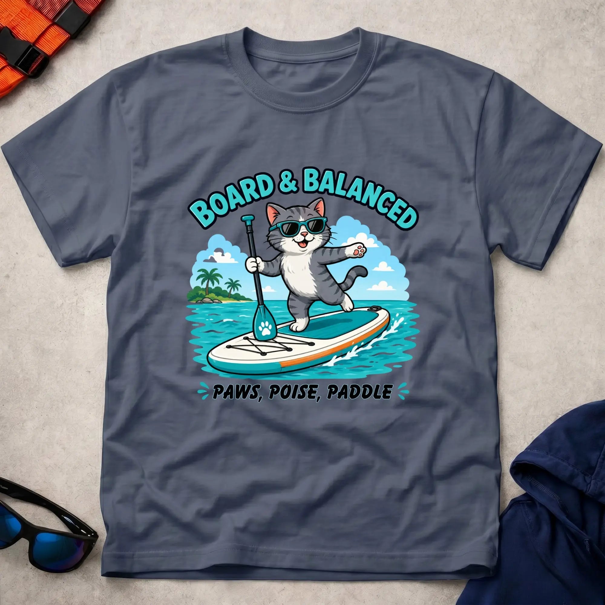 Navy Bored & Balanced tee — SUP cat-lover gift — Vector Paddle