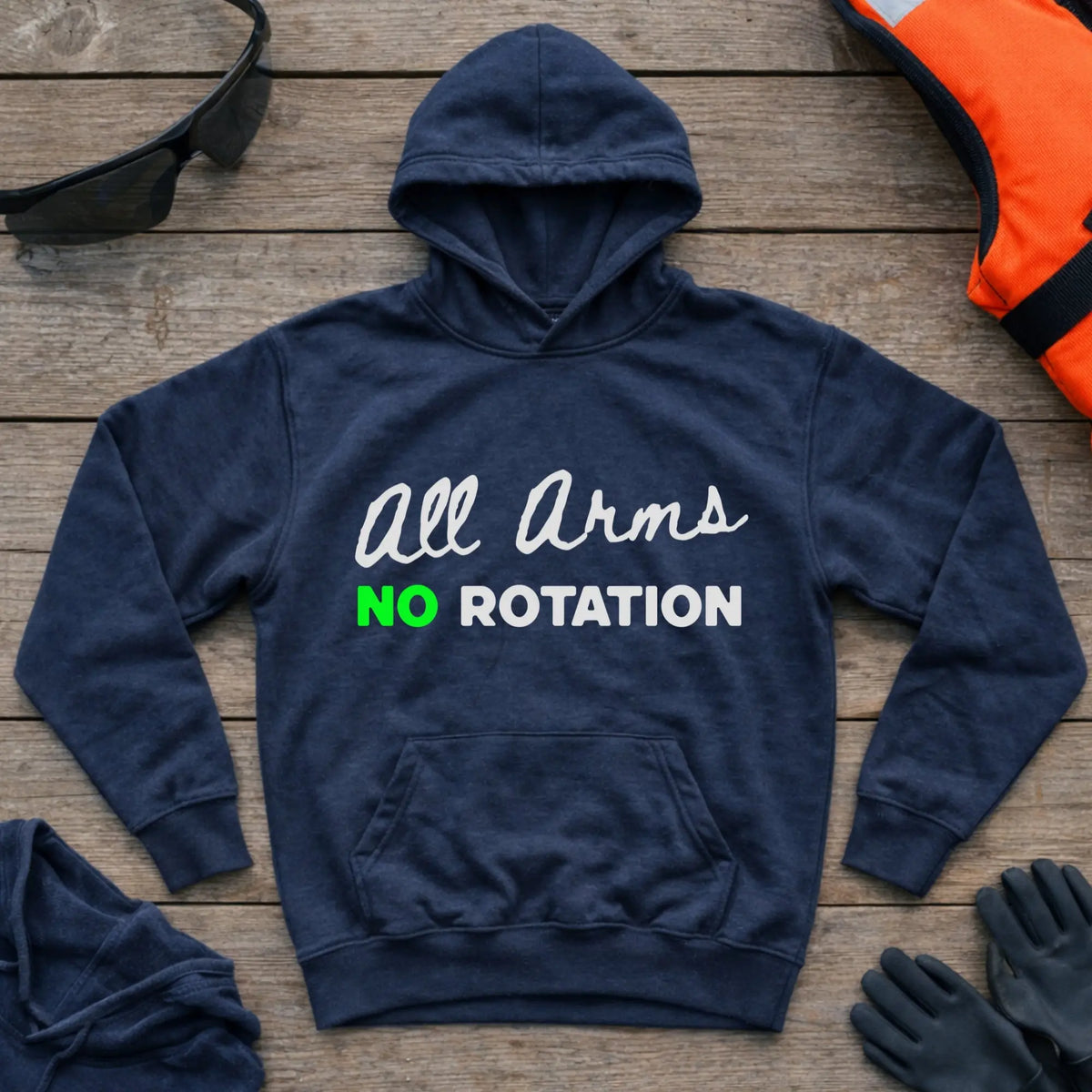 All Arms No Rotation hoodie in Navy — paddling technique humour design — Vector Paddle