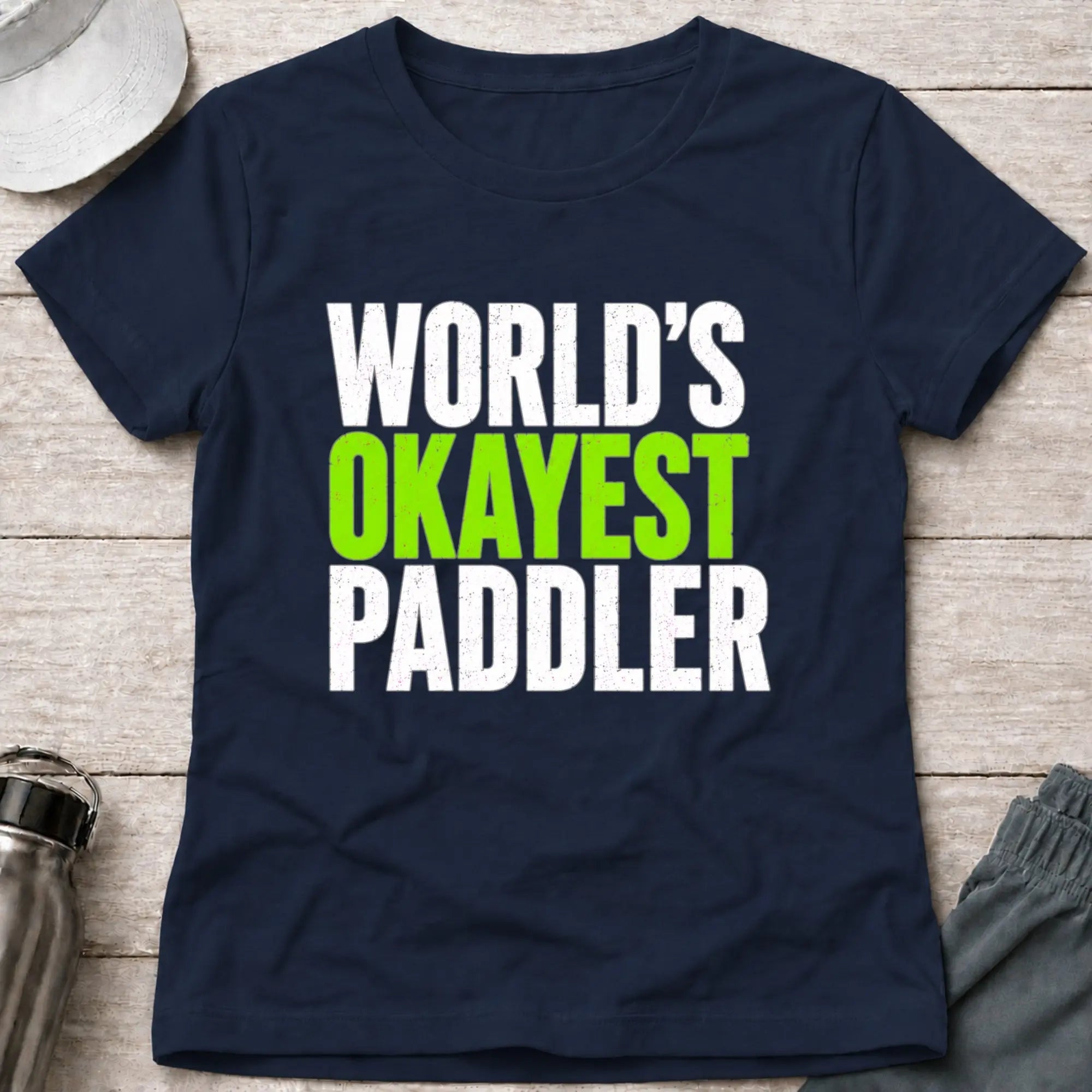 World's Okayest Paddler women's fitted tee in Navy — funny paddling graphic tee — Vector Paddle