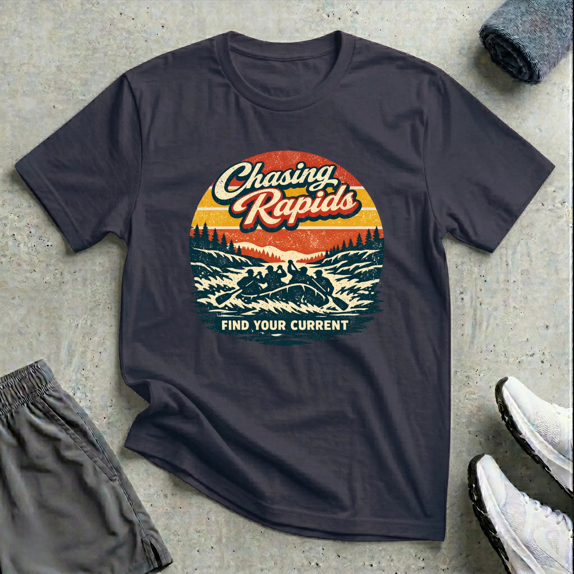 Chasing Rapids - Retro. Rafting T-Shirt Relaxing Printify
