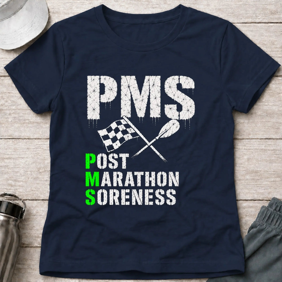 Navy P.M.S. fitted tee — Post Marathon Soreness gift for women — Vector Paddle