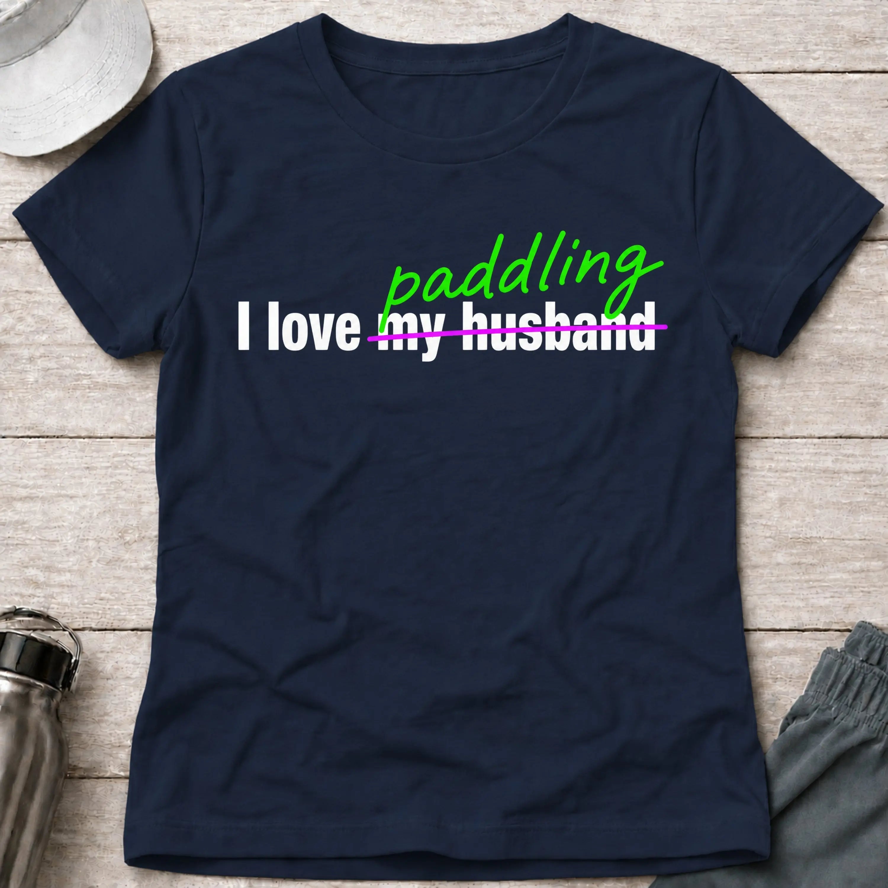I Love Paddling fitted tee in Navy — funny women's kayaking tee — Vector Paddle