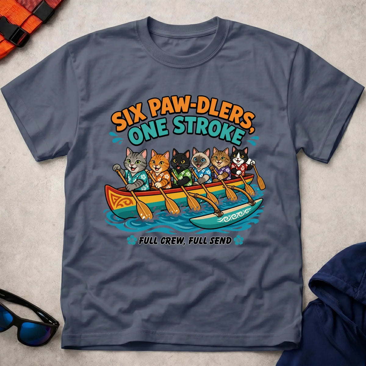 Navy Six Paw-dlers, One Stroke tee — OC6 outrigger crew gift — Vector Paddle