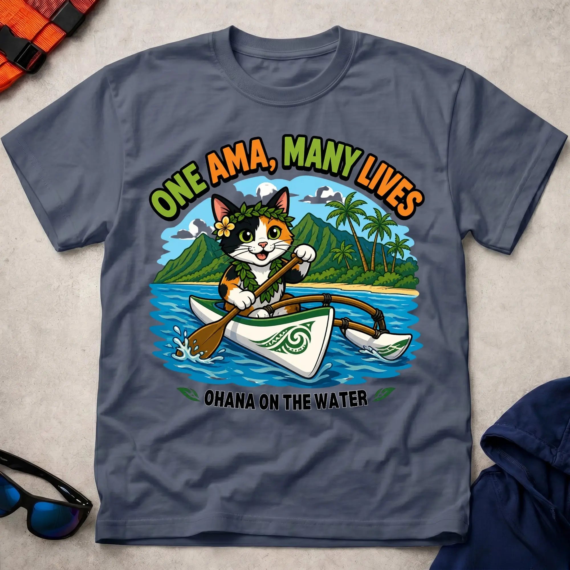 Navy One Ama, Many Lives tee — OC1 outrigger paddling gift — Vector Paddle