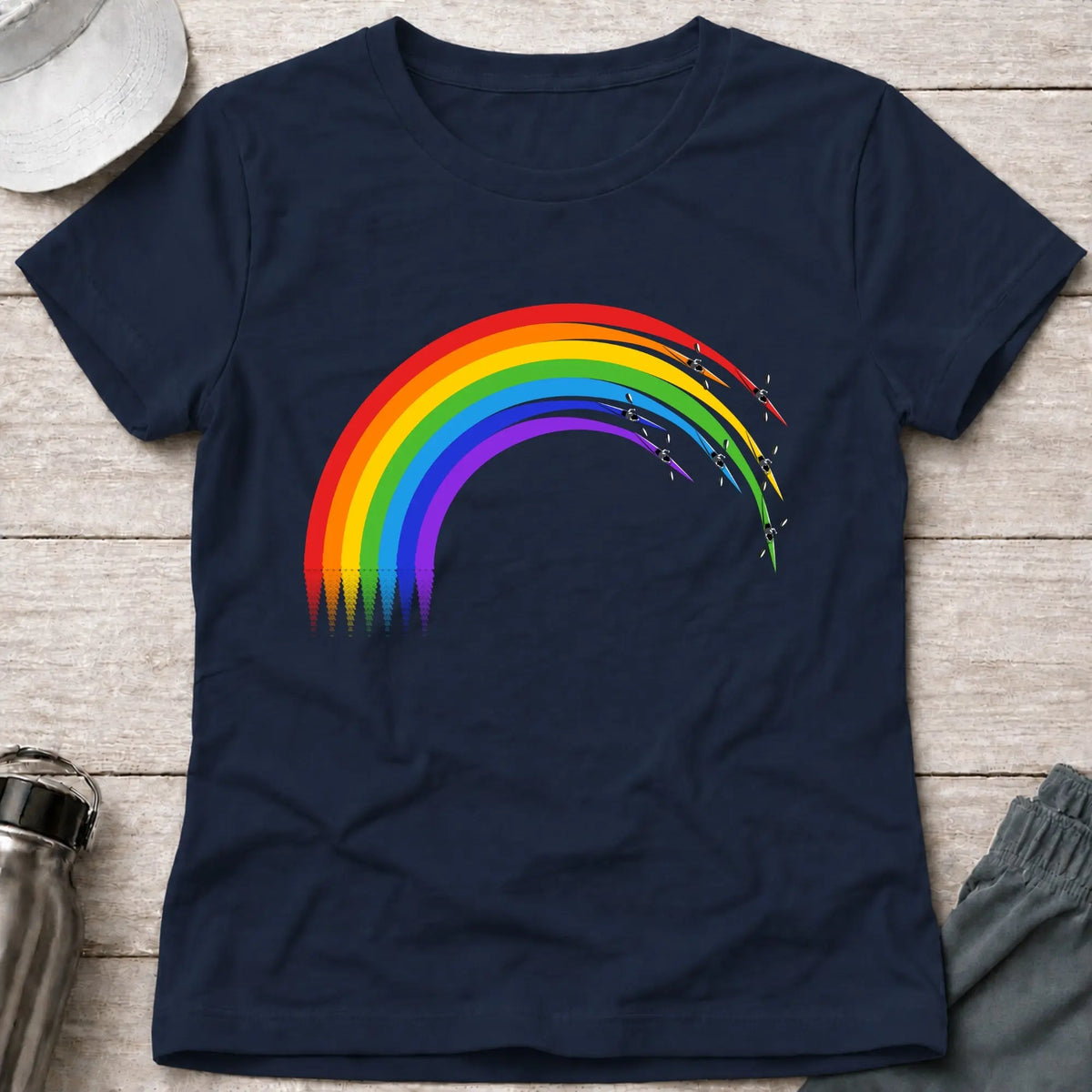 Over The Rainbow fitted tee in Navy — K1 sprint kayaks with rainbow wakes — Vector Paddle
