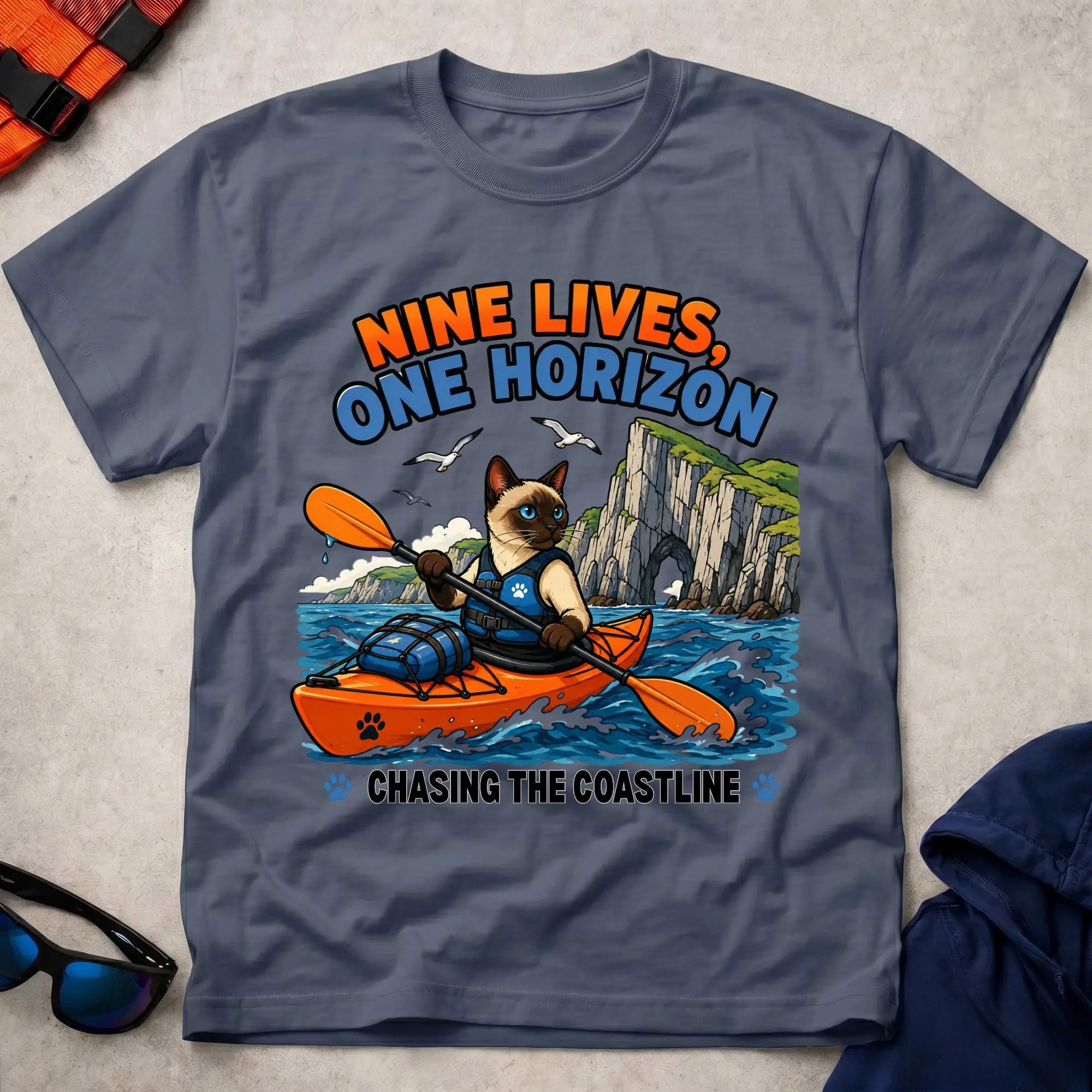 Navy Nine Lives, One Horizon tee — long-distance paddling gift — Vector Paddle
