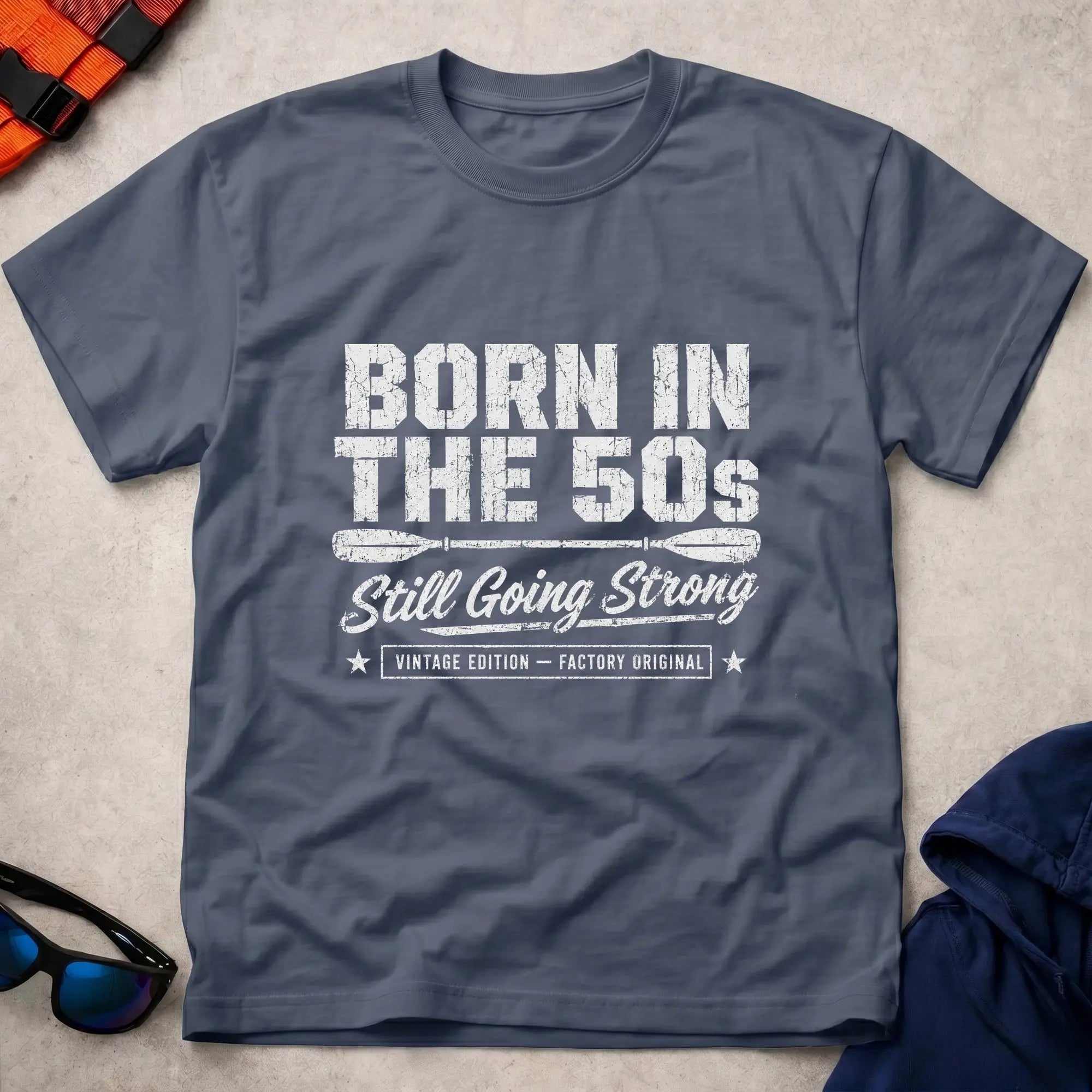 Born In The 50s – Still Going Strong retro paddling tee in Navy | Vector Paddle