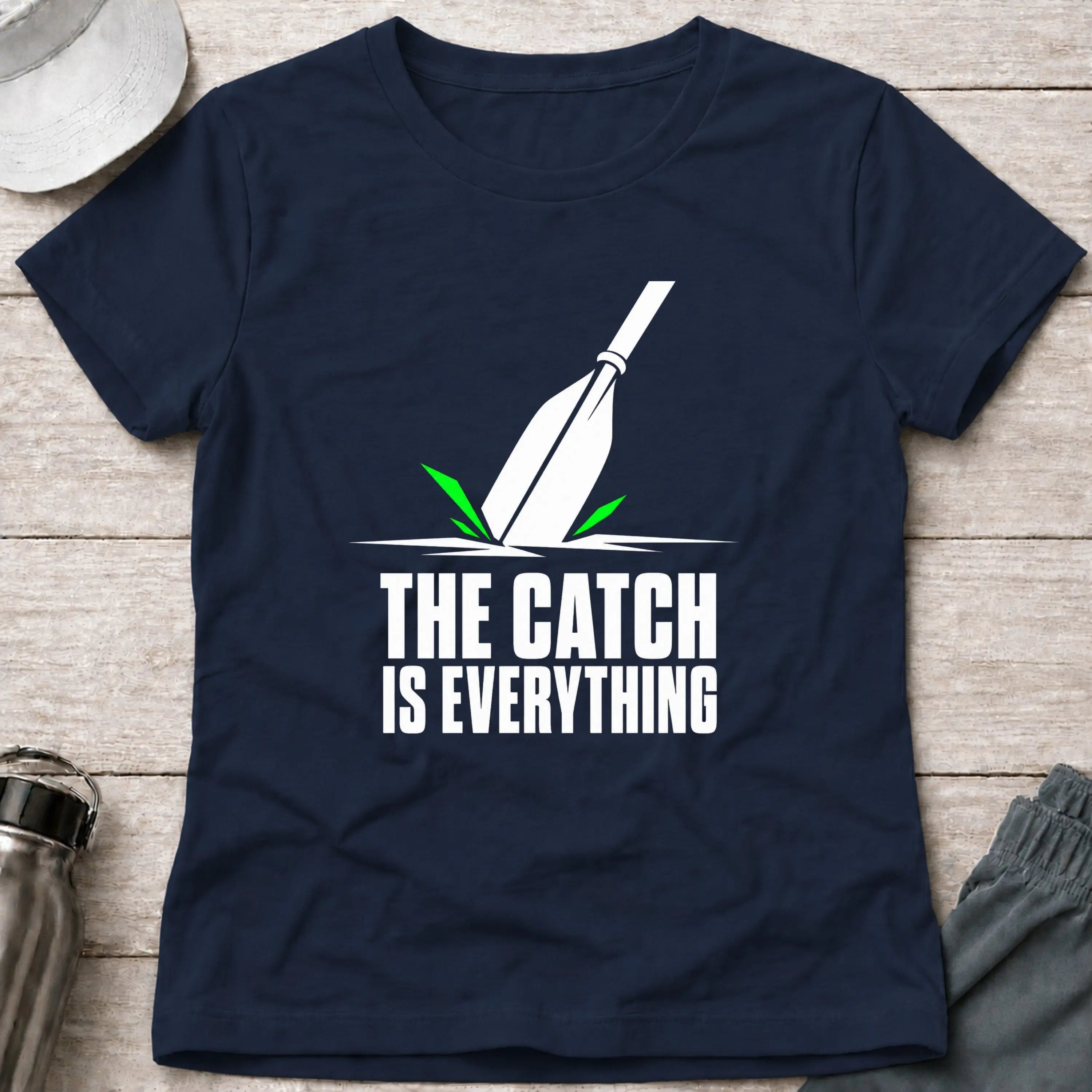 Navy The Catch Is Everything women's fitted paddling tee – Vector Paddle