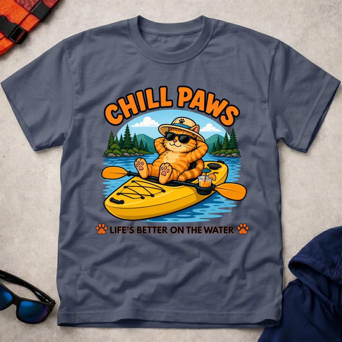 Navy Chill Paws tee — calm-under-pressure paddling gift — Vector Paddle