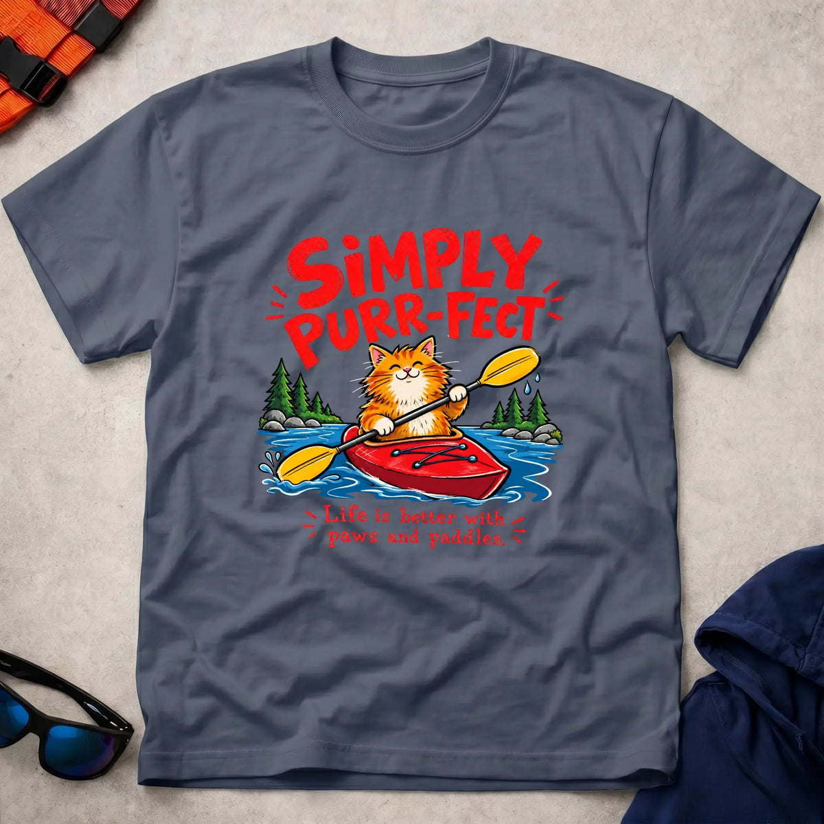 Navy Simply Purr-fect ginger cat kayak t-shirt - Vector Paddle
