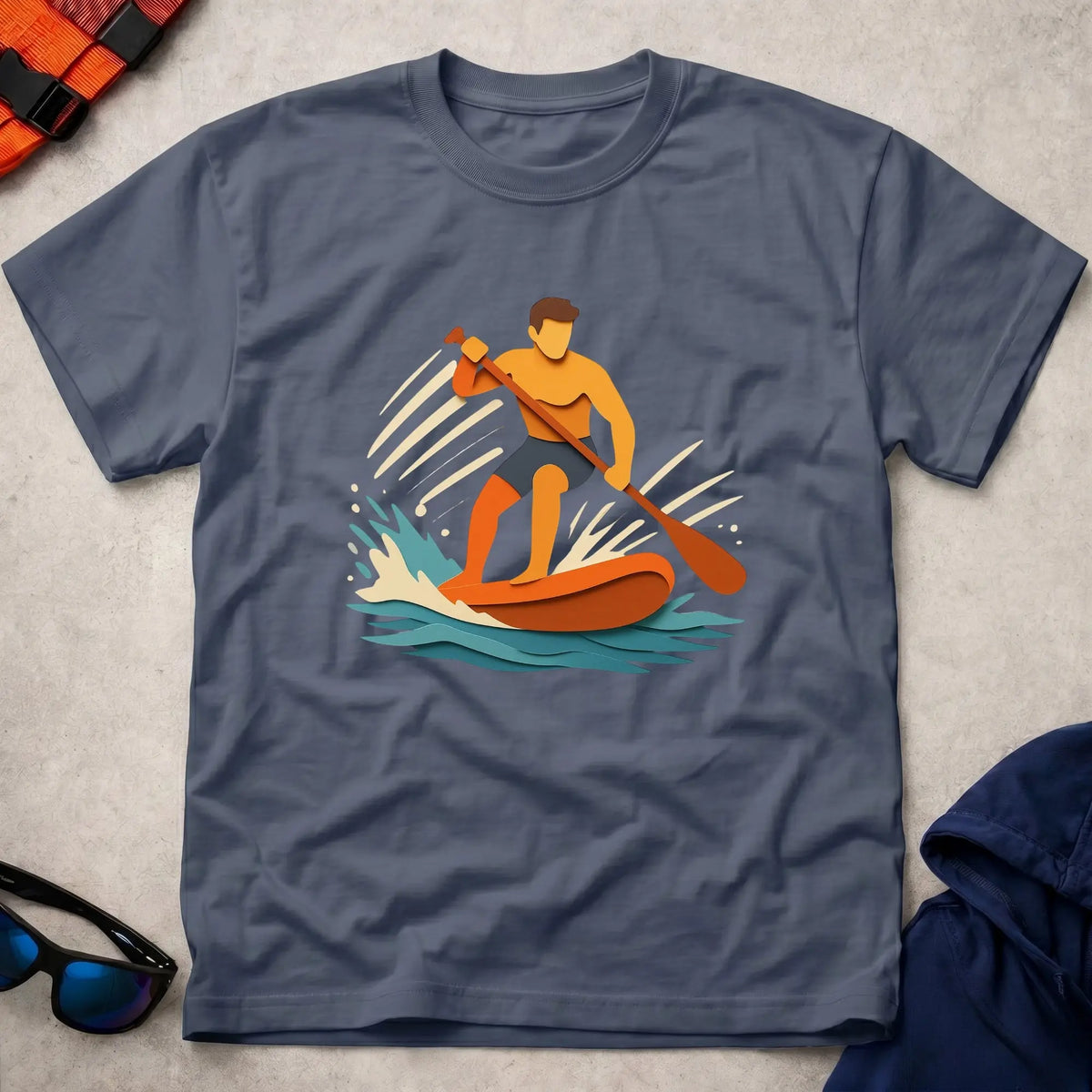 Cut Through tee in Navy — paper-cut stand-up paddleboarder in orange and teal — Vector Paddle