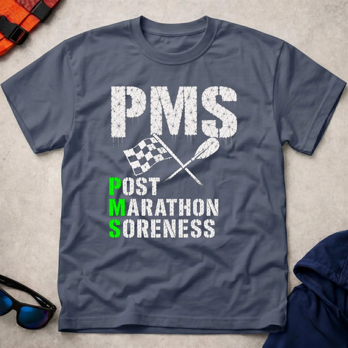 Navy P.M.S. tee — Post Marathon Soreness gift — Vector Paddle