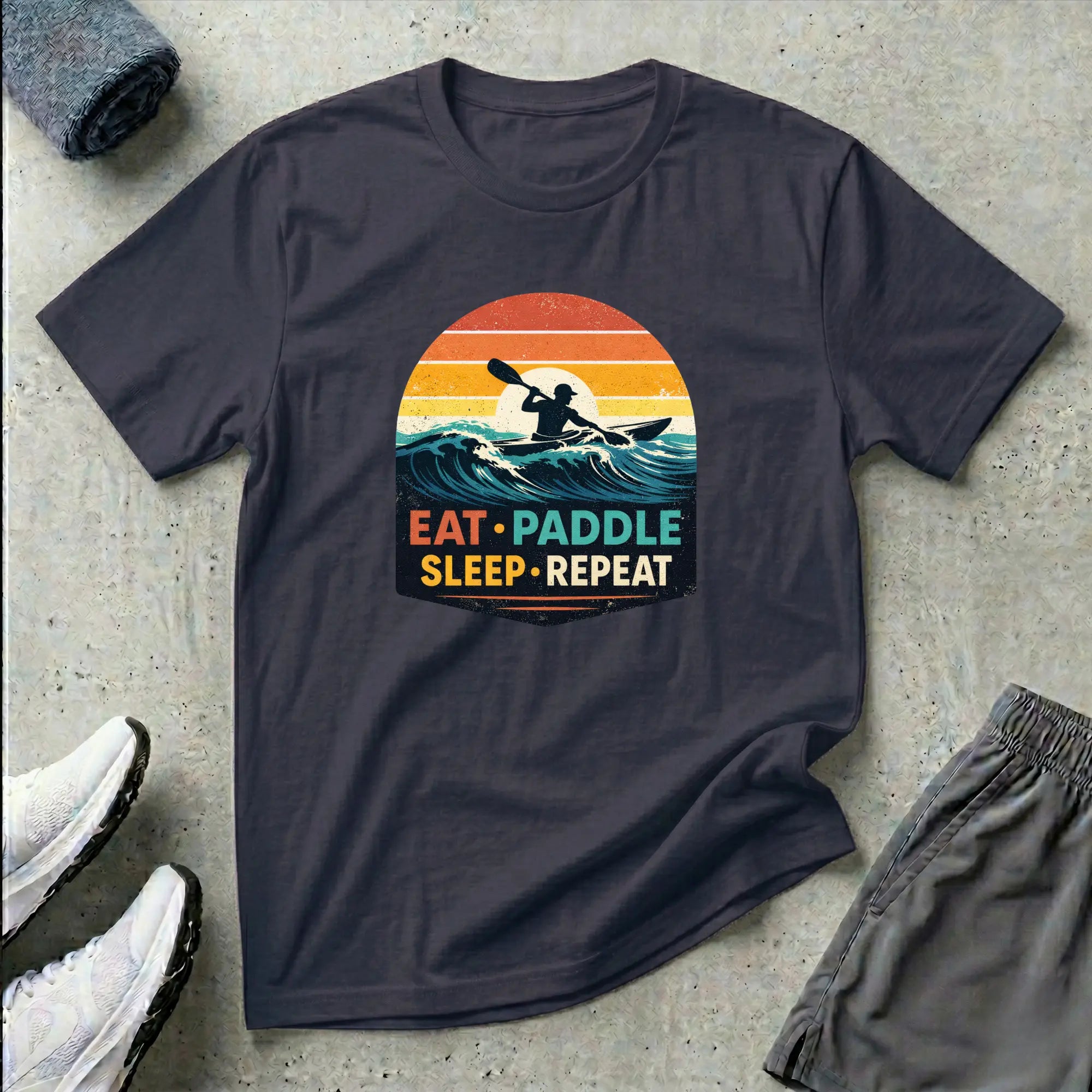 Eat Paddle Sleep Repeat. Ocean Kayak retro colour sunset T-Shirt Printify