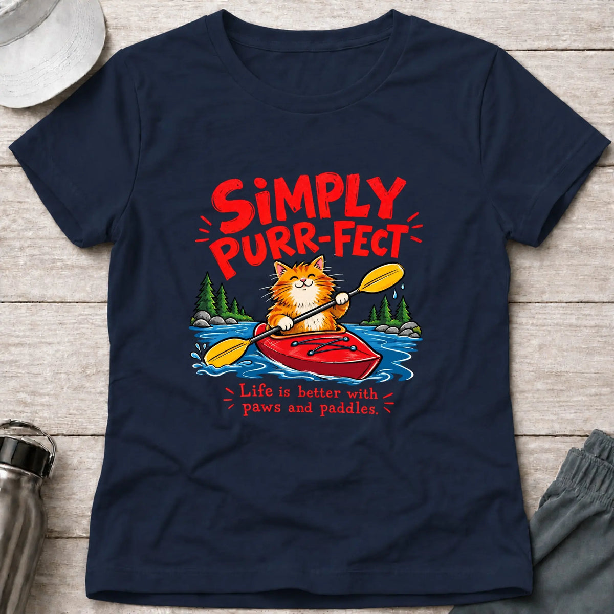 Navy Simply Purr-fect ginger cat kayak fitted tee - Vector Paddle