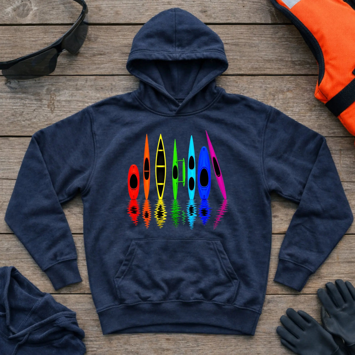 All The Boats hoodie in Navy — kayak, canoe, outrigger and surfski fleet design — Vector Paddle