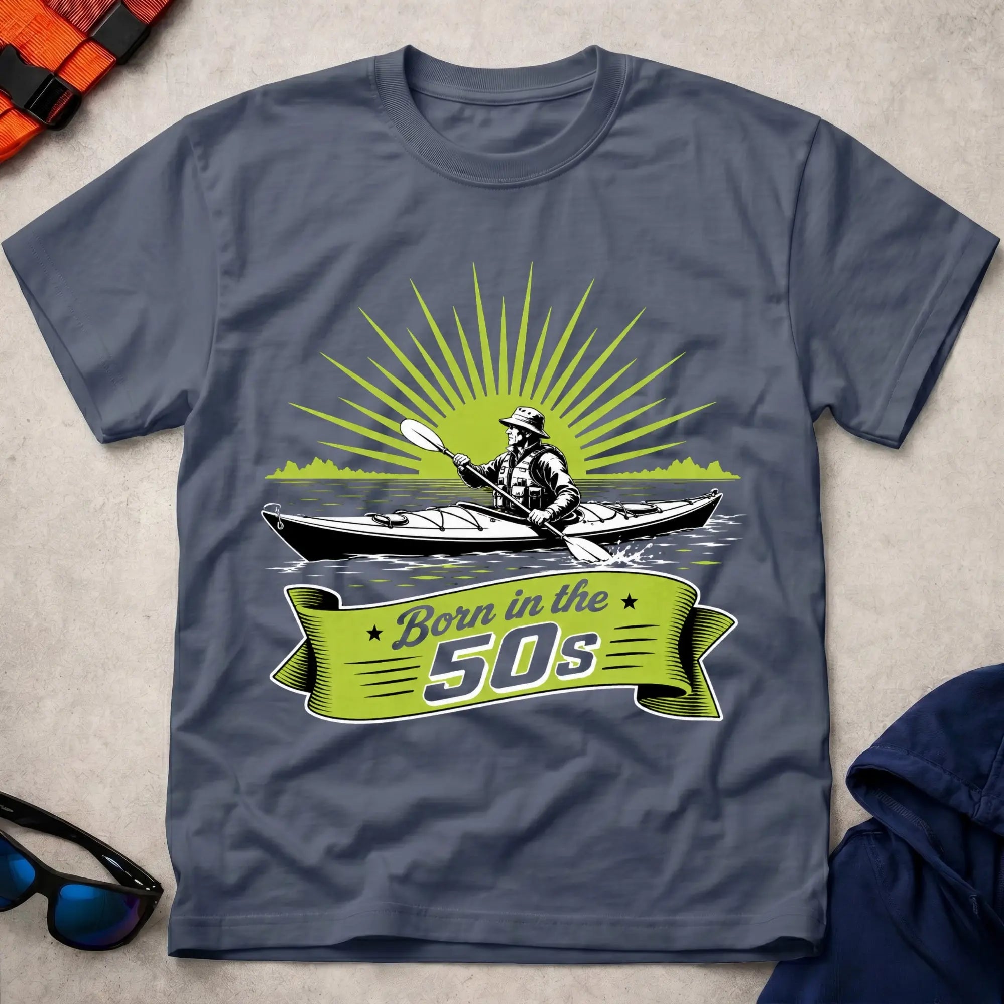 Born In The 50s – Sunrise Edition kayaker illustration tee in Navy | Vector Paddle