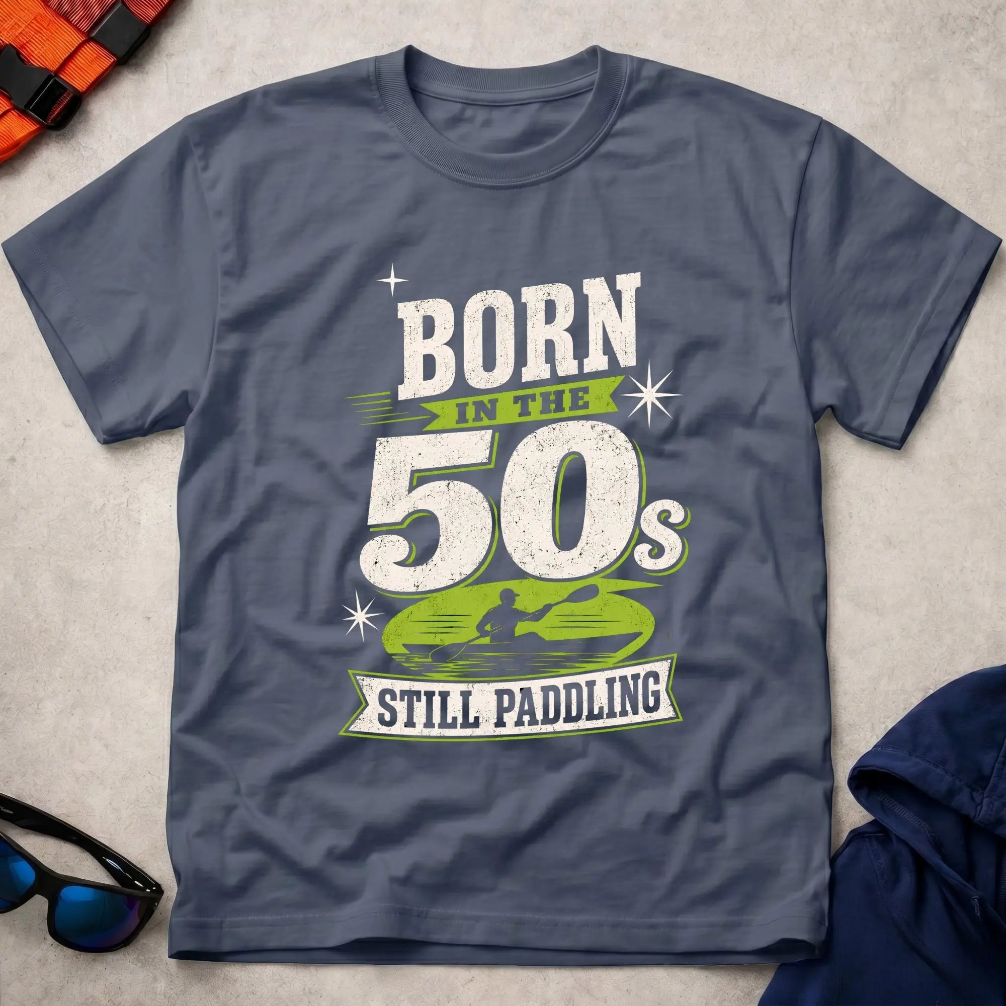 Born In The 50s – Still Paddling kayaker typography tee in Navy | Vector Paddle