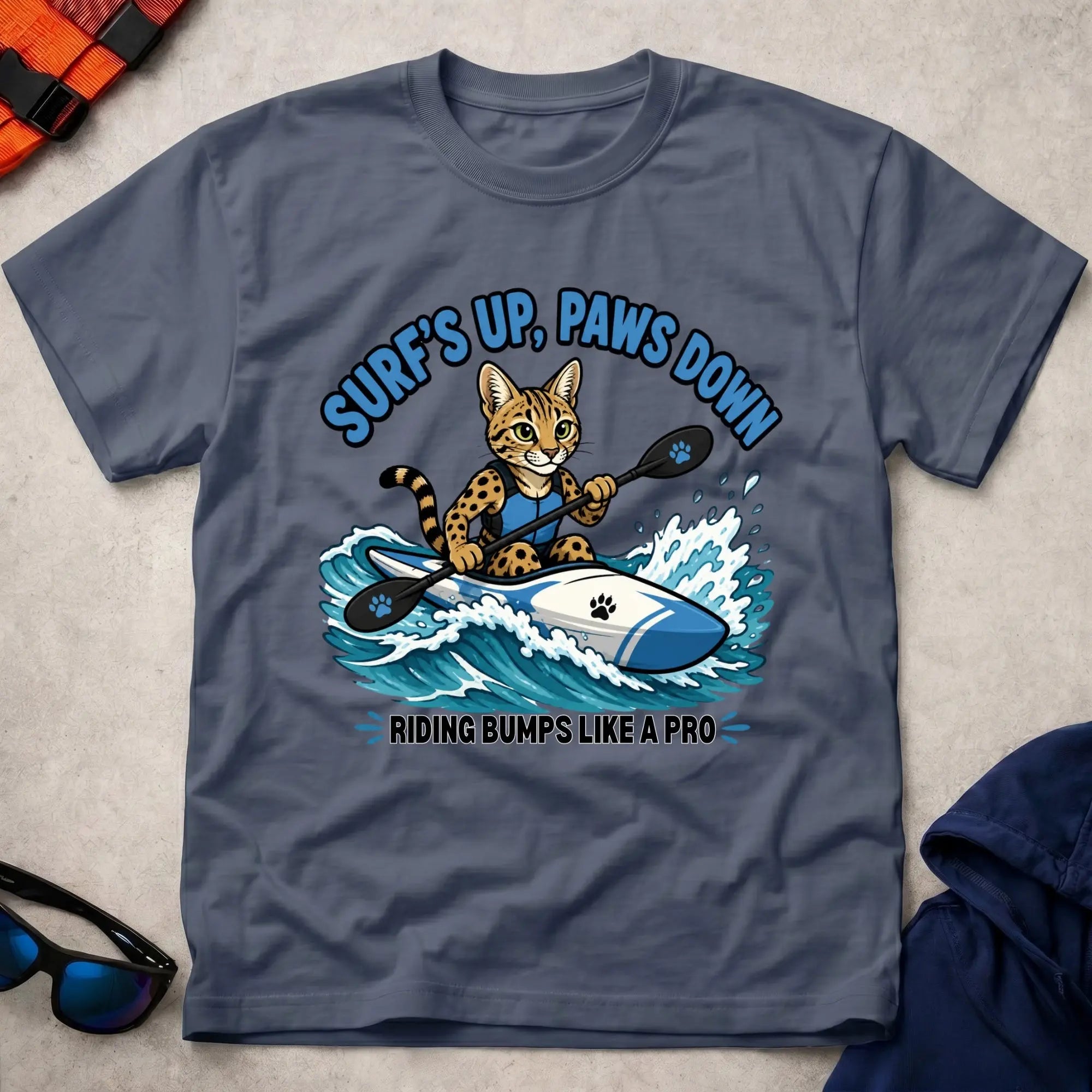 Navy Surfs Up, Paws Down tee — open-water paddling gift — Vector Paddle