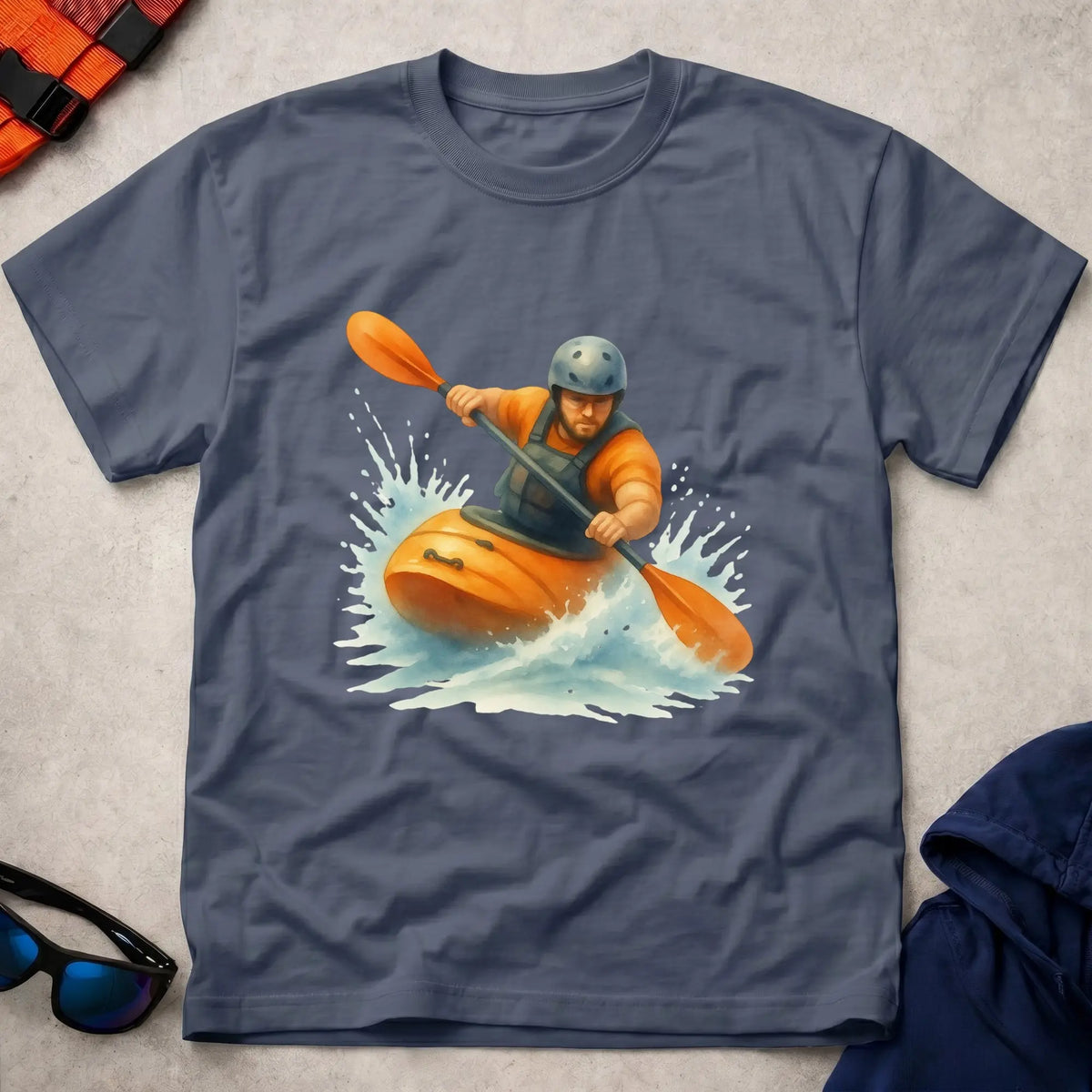 Read The River tee in Navy — watercolour whitewater kayaker in rapids — Vector Paddle