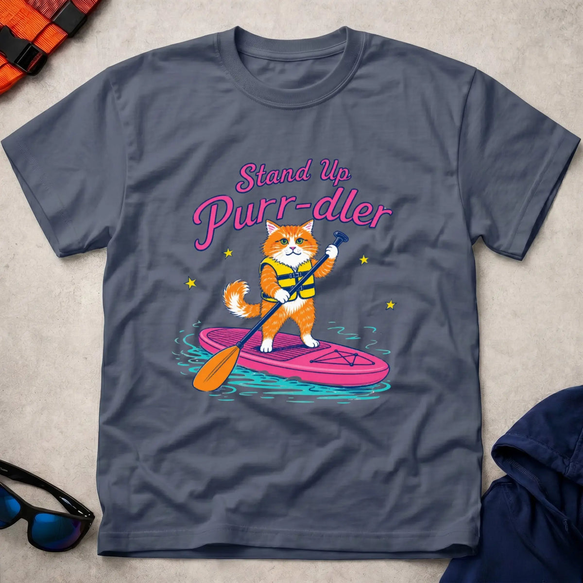 Navy Stand Up Purr-dler cat SUP paddling tee — Vector Paddle