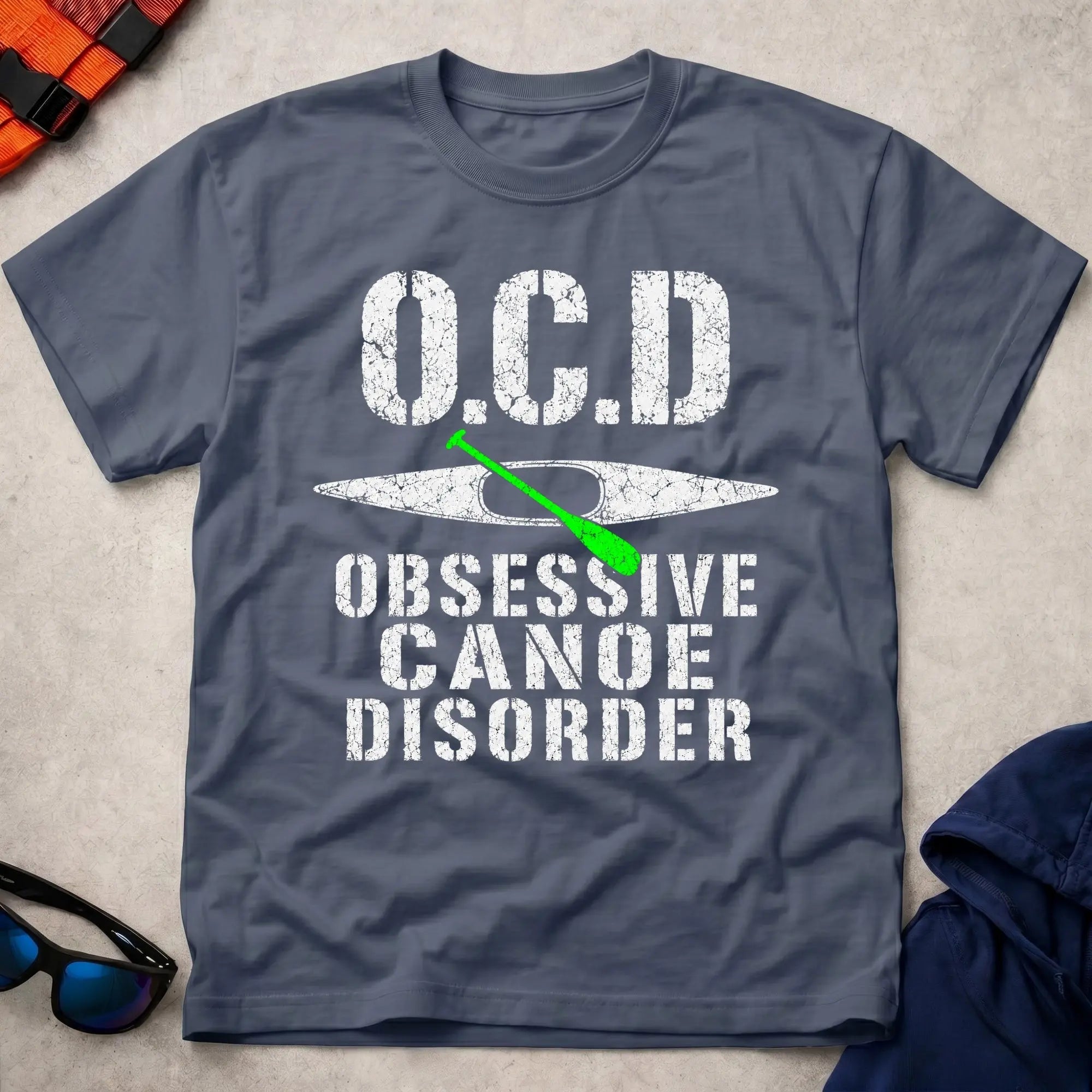 Navy Obsessive Canoe Disorder tee — funny canoe-obsessed paddling gift — Vector Paddle