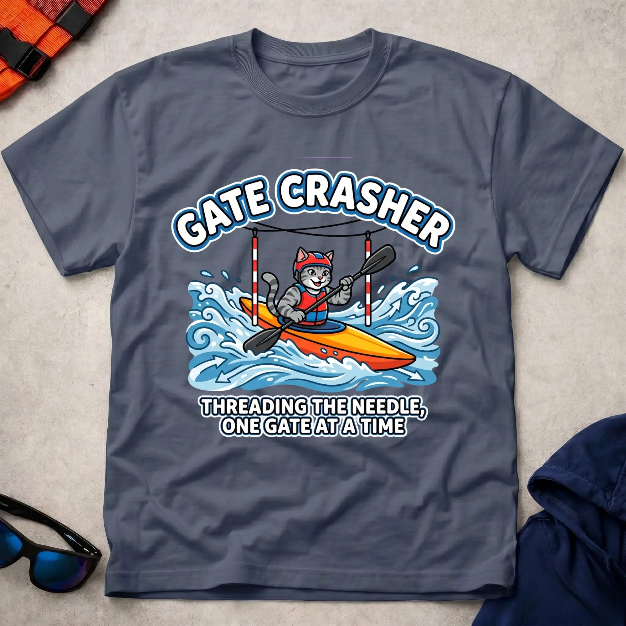 Navy Gate Crasher tee — slalom gate paddling gift — Vector Paddle