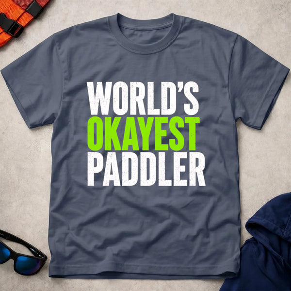 Worlds Okayest Paddler unisex tee in Navy — funny paddling gift tee — Vector Paddle