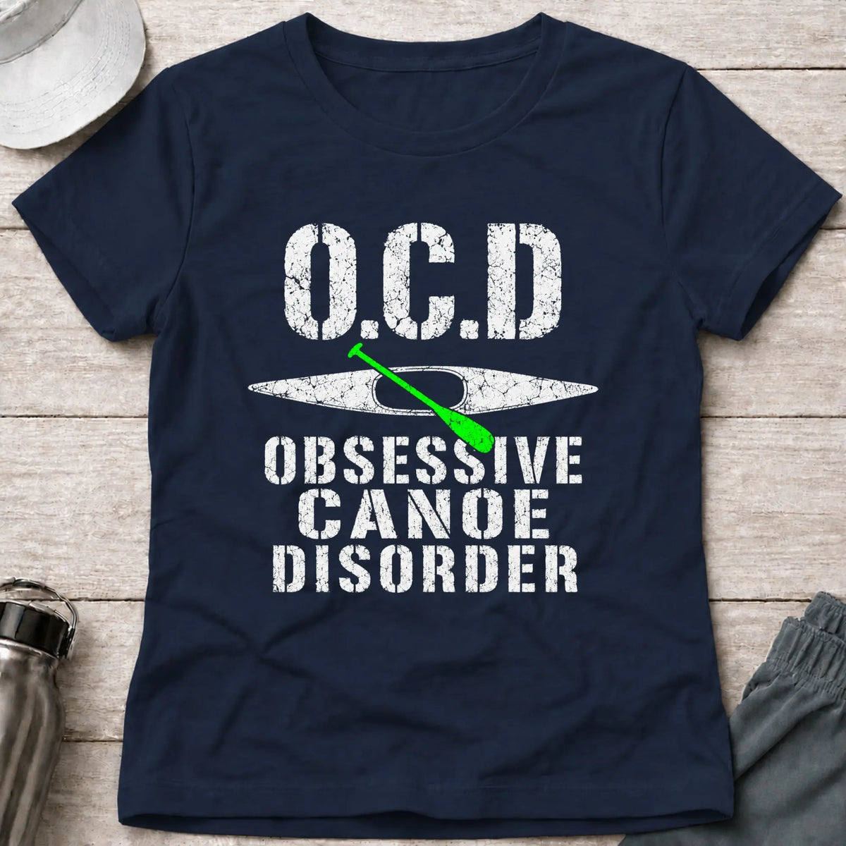 Navy Obsessive Canoe Disorder fitted tee — funny canoe-obsessed gift for women — Vector Paddle