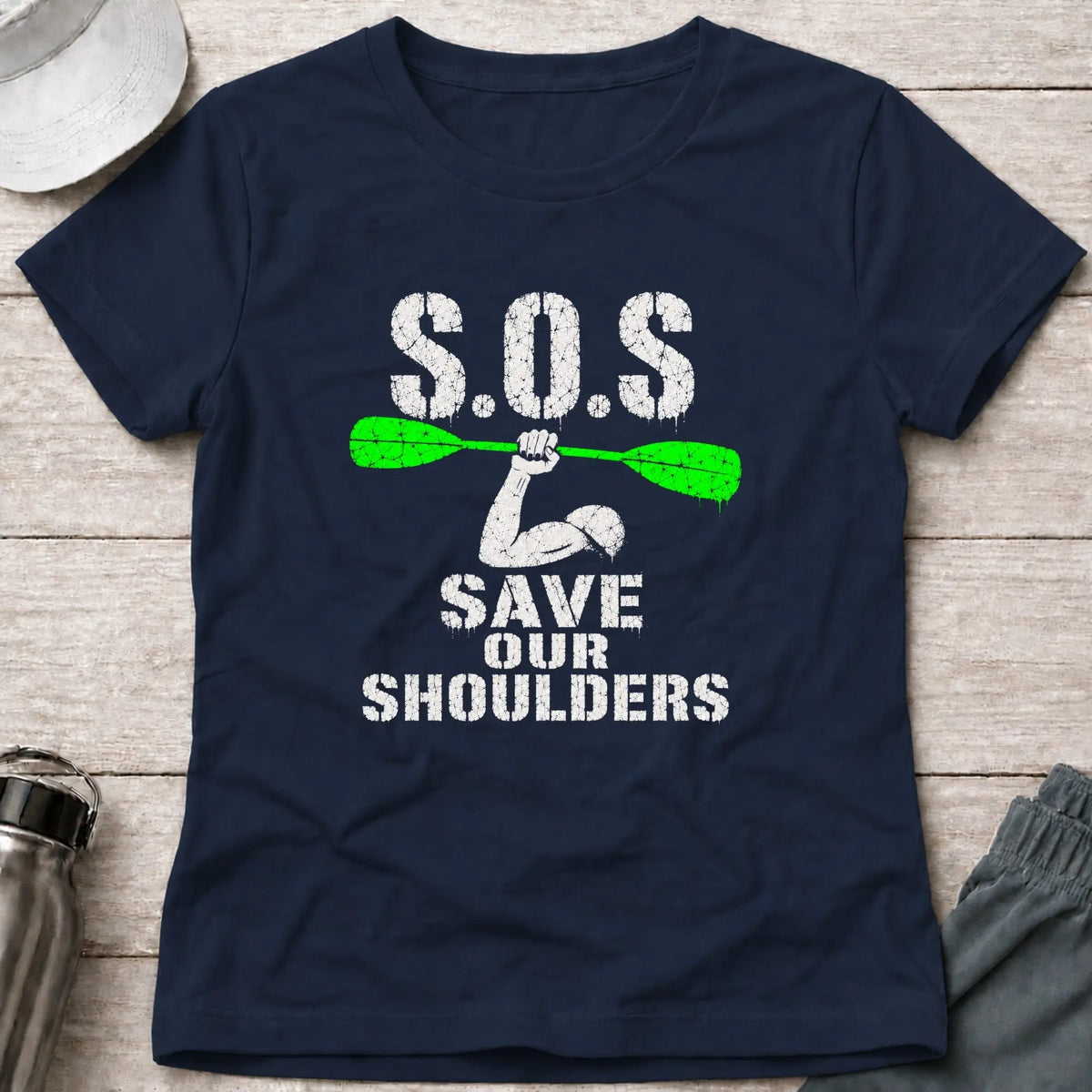 Navy Save Our Shoulders fitted tee — marathon paddler gift for women — Vector Paddle