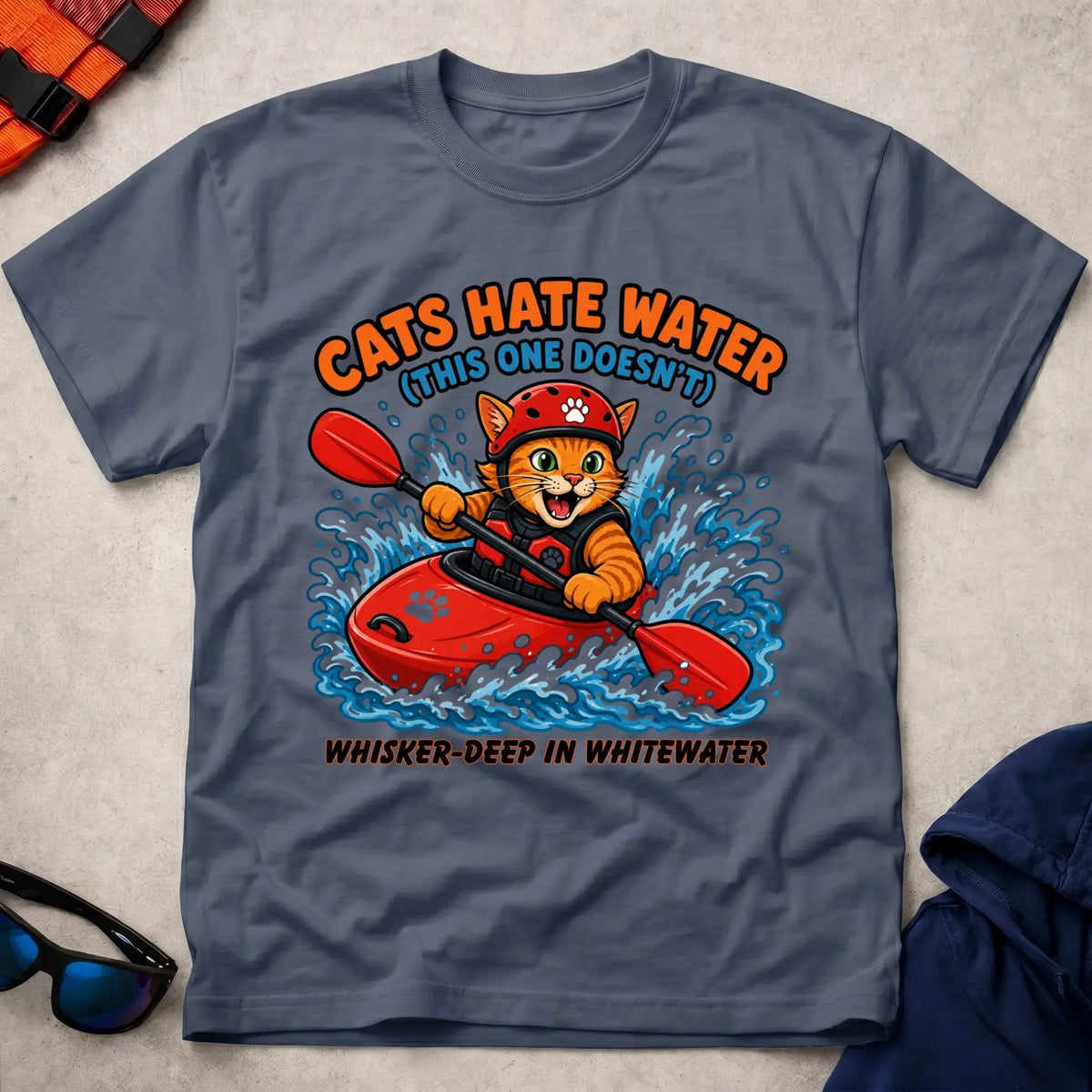 Navy Cats Hate Water tee — funny cat-lover paddling gift — Vector Paddle