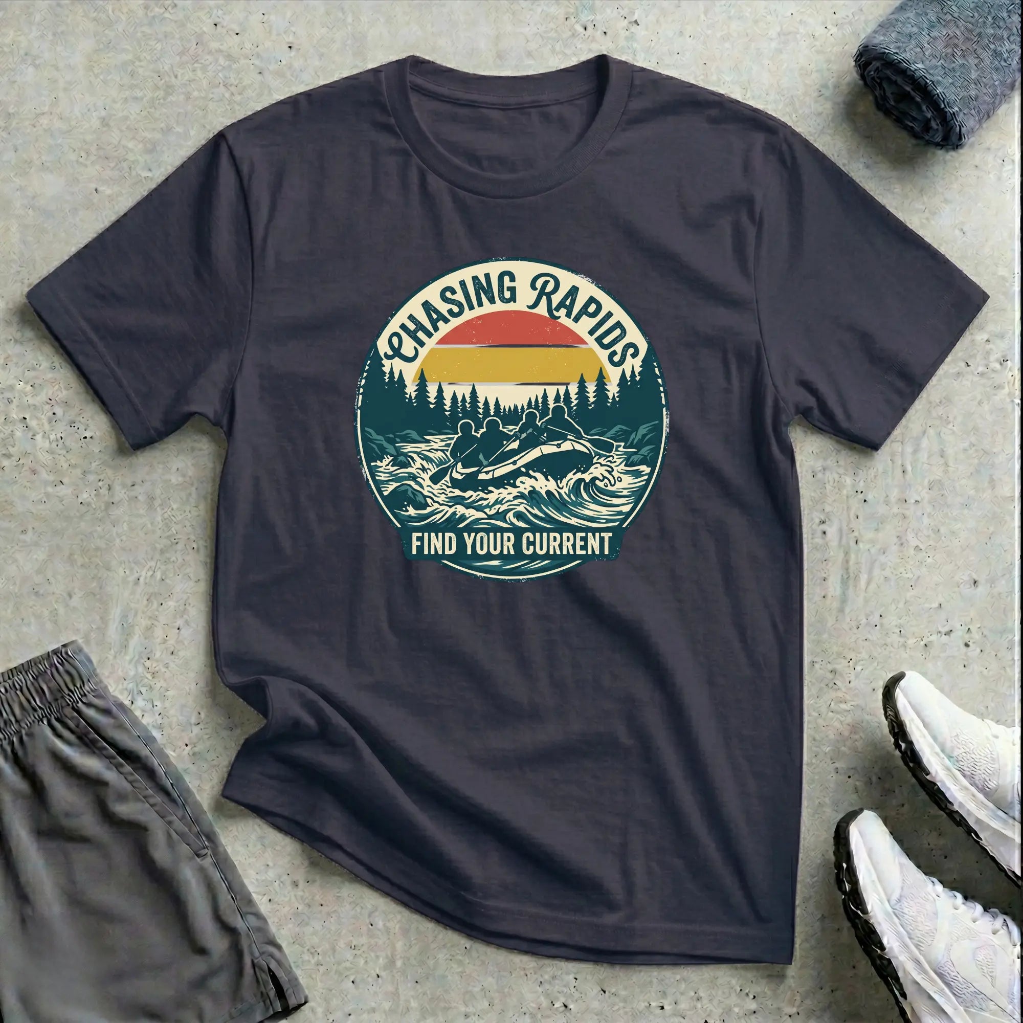 Chasing Rapids - Find Your Current. Rafting T-Shirt - RELAXED Printify