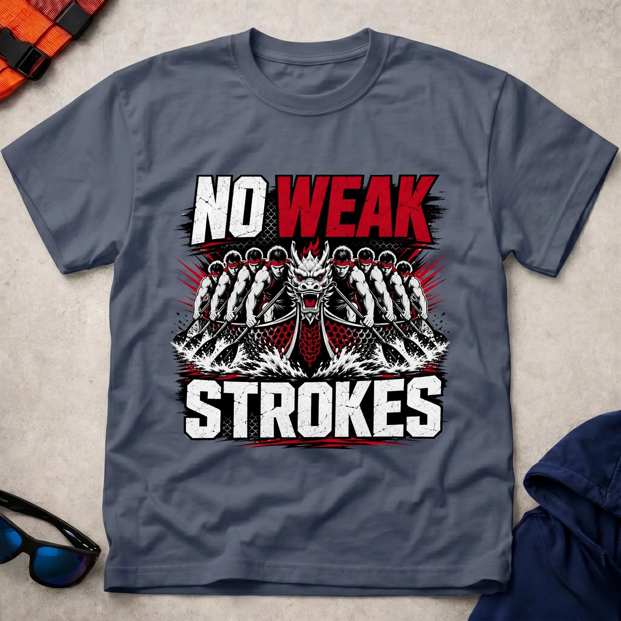 Navy No Weak Strokes dragon boat racing tee — full-send crew gift — Vector Paddle
