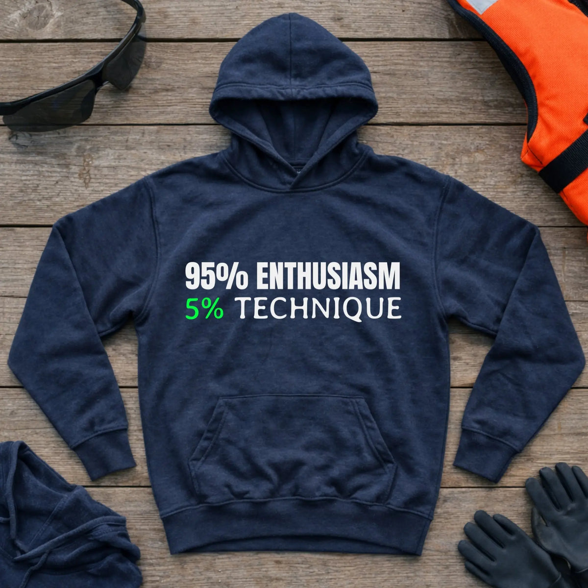 95% Enthusiasm hoodie in Navy — self-deprecating paddling humour design — Vector Paddle