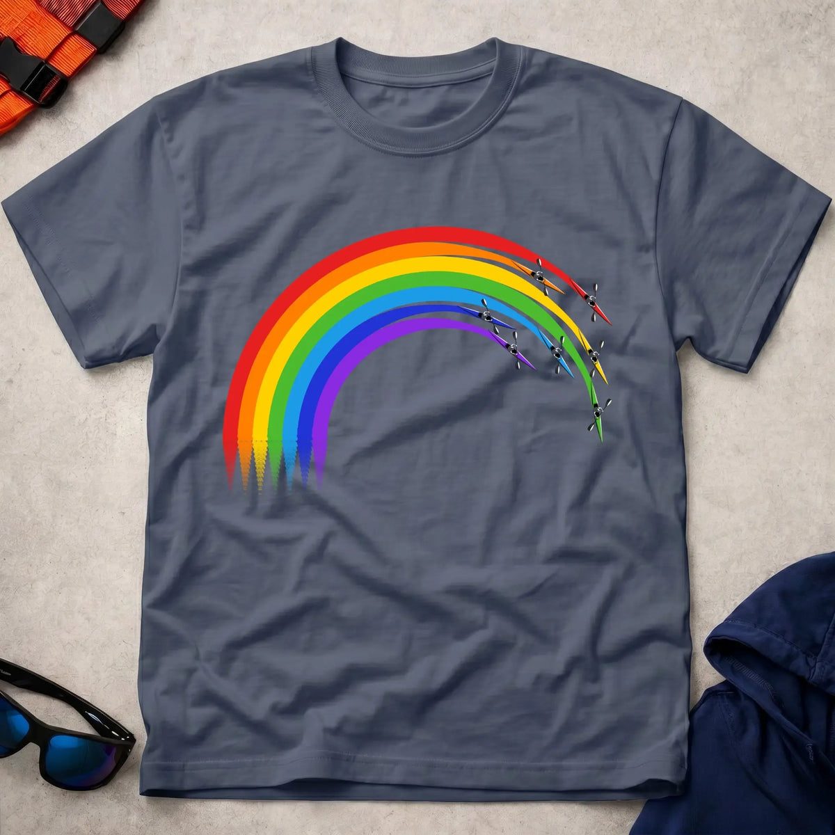 Over The Rainbow tee in Navy — kayaks racing a rainbow arc — Vector Paddle