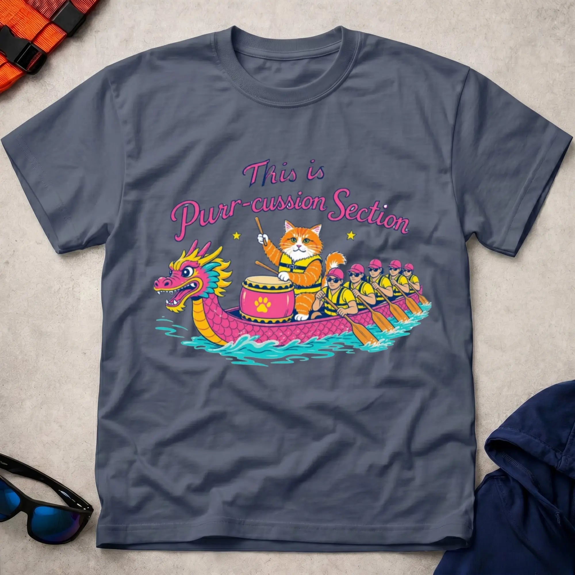 Navy Purr-cussion Section dragon boat drummer cat tee — Vector Paddle