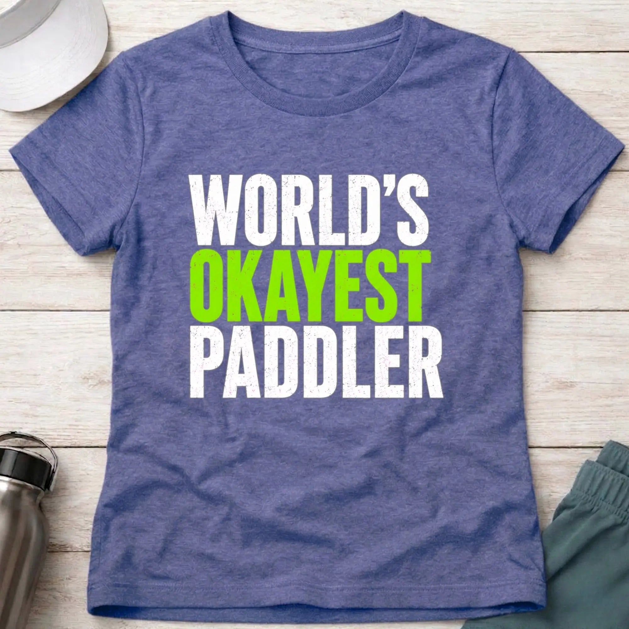 World's Okayest Paddler fitted tee in Purple — humorous kayak and canoe tee — Vector Paddle