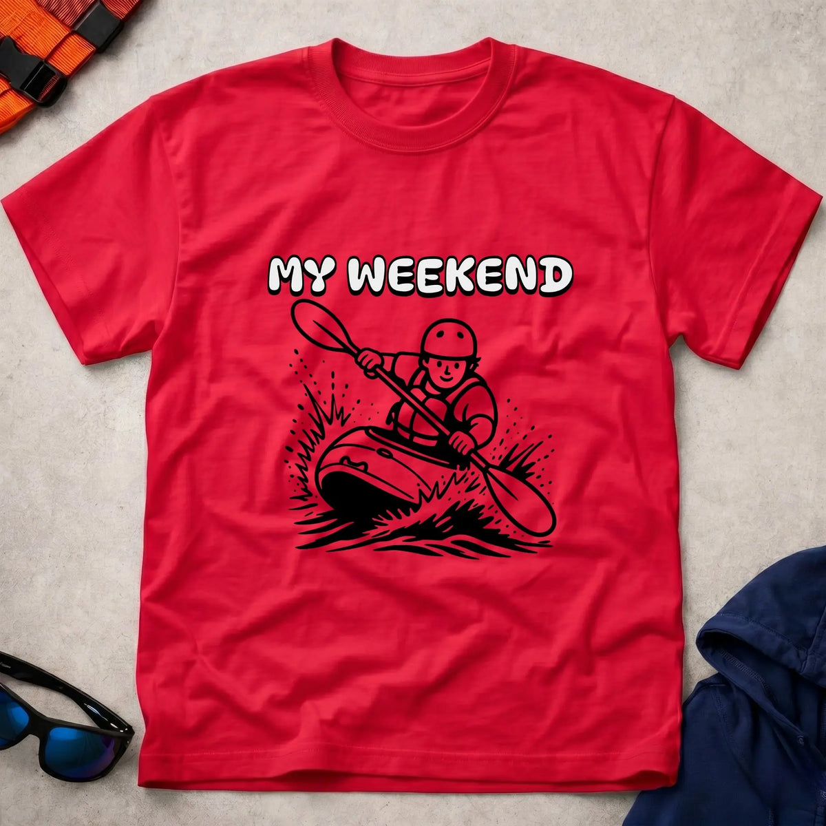My Weekend Whitewater tee in Red — cartoon whitewater kayaker with 'My Weekend' lettering — Vector Paddle