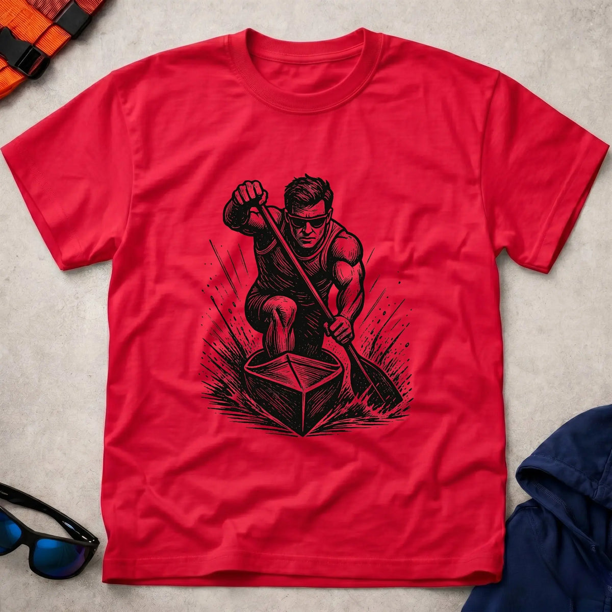 One Knee, One Blade tee in Red — woodcut C1 sprint canoeist in full drive — Vector Paddle